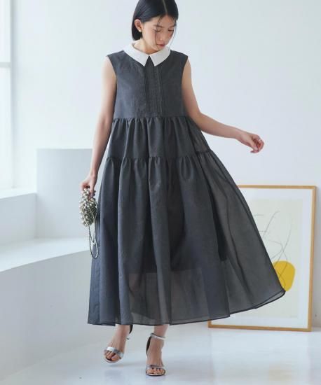 襟付きシアージャカードギャザーフレアワンピース 「CU1536」