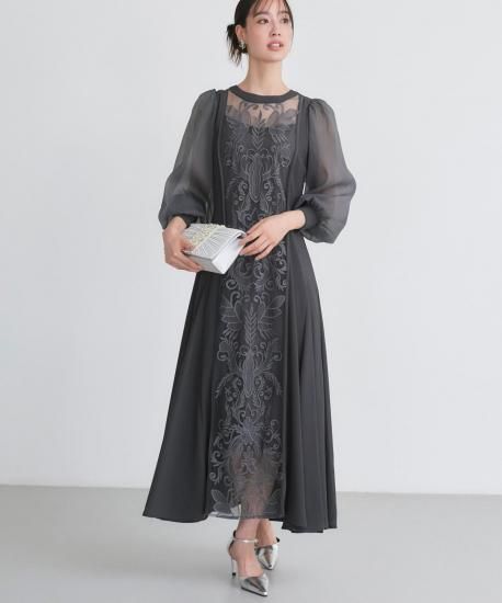 刺繍レース切り替えフレアワンピースドレス「U1586」