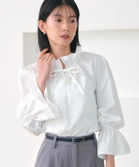 洗える】パールボタンフリルブラウス「T1591」