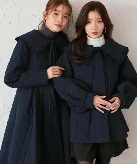 希少♡レリアン ベルベッドダイヤキルティングロングコート 中綿 リボン刺繍 フェイクウール×キルティング切替中綿ロングコート [K1145