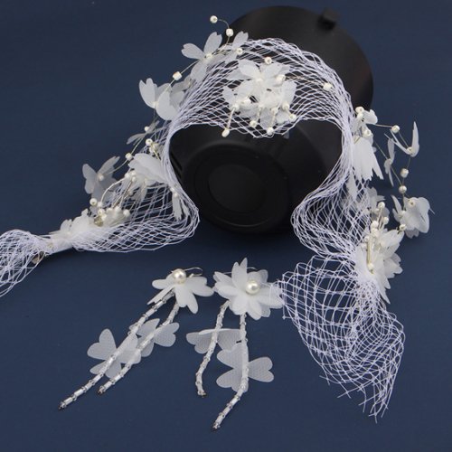 結婚式お花のおしゃれヘッド飾り おしゃれピアス+ベールヘアバンドセット