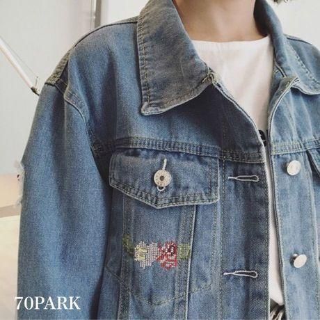 花柄刺繍のクラッシュブリーチデニムジャケット - きれいめ