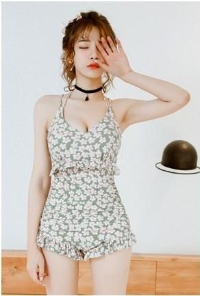 CHANEL ワンピース水着 ネイビー 花柄 フロントVデザインギャザーワンピース/水着【SEADRESS