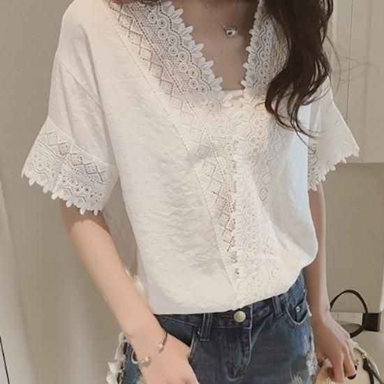 ボヘミアンテイストのvネック半袖レースブラウス きれいめオフィス通勤レディース韓国ファッション通販 Maribel ボヘミアンテイストのvネック半袖レースブラウス きれいめオフィス通勤レディース韓国ファッション通販 Maribel