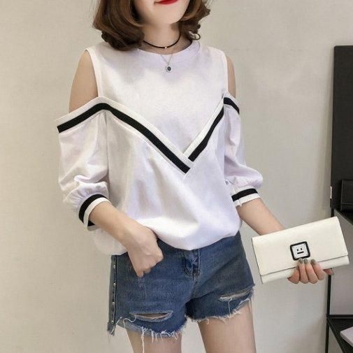 韓国発【BLACKUP】セリーニ オフショルダー 長袖 送料込 モノクロ七分袖カットオフショルダー レイヤード風カットソー