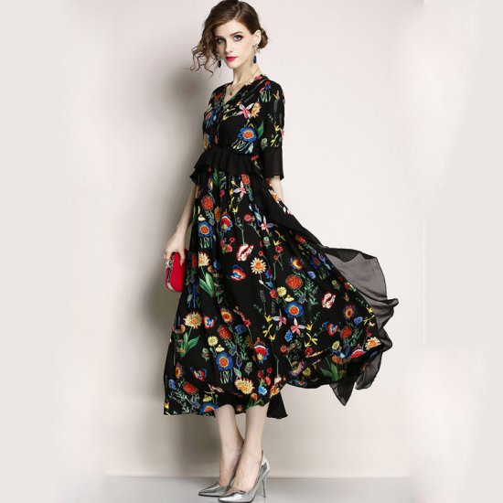 【即納】ペプラム花柄デザインのフリル ロング ワンピース 黒 - きれいめオフィス通勤レディース韓国ファッション通販『Maribel』