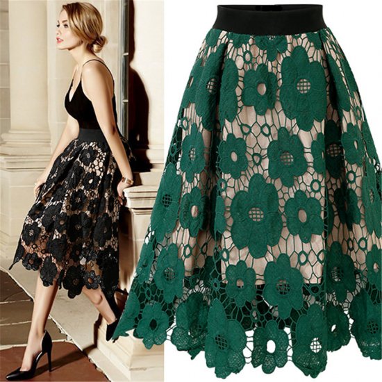 人気の海外デザイン 大人かわいい花柄刺繍レースのフレアスカート 2色