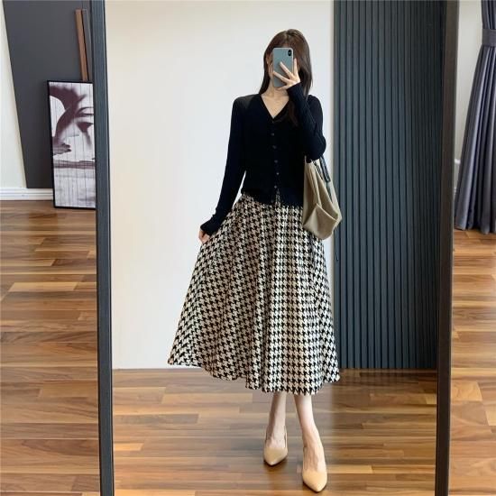 Fair Lady◆通勤に!旅行に!メリージェーン 千鳥格子 全2色 ゆったりフレアでフェミニンに 千鳥格子柄ロングスカート