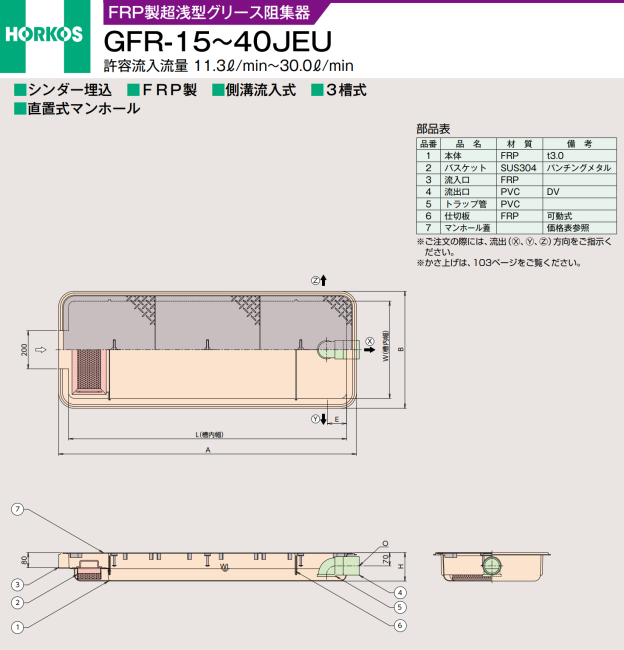 ホーコス FRP製超浅型 グリース阻集器 GFR-15JEU シンダ―埋込 側溝流入式 3槽式 直置式マンホール 鉄蓋付