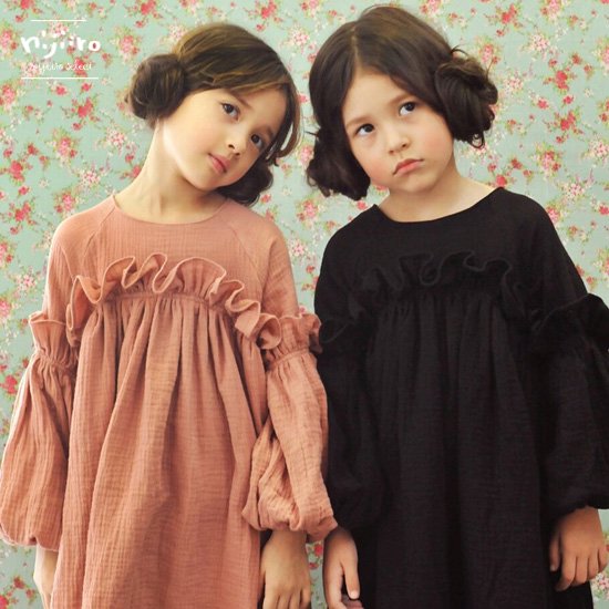 韓国子供服 子供服 シャーリングワンピース Black/Pink 可愛い